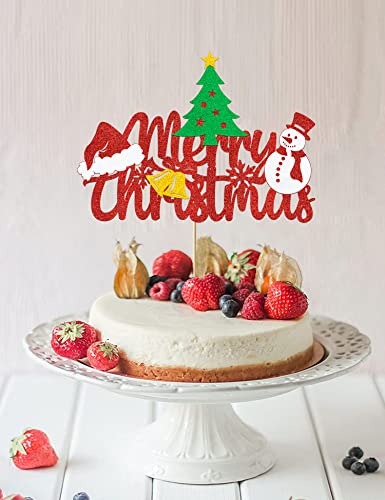 Merry Christmas Cake Topper Christmas Cake Toppers Decorations For Boys Girls Glitter Red Christmas Hat Christmas Tree Snowman Winter Holiday Xmas Party Decoration Supplies #TOP5
