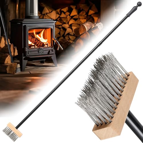Fireplace Wire Brush Broom - Heat-Resistant Steel Bristles Remove Stubborn Creosote/Soot/Ash 59 Adjustable Long Handle for Deep Fireplace Inserts/Wood Stoves/Hearth/Grill Grates/Kamado