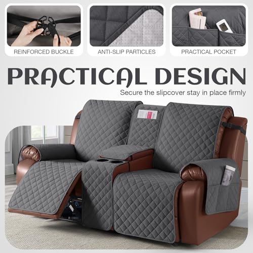 Image of KinCam 100% Waterproof Recliner Loveseat Cover with Console, Non-Slip Reclining Couch Covers for 2 Seat, Recliner Sofa Cover Furniture Protector with Elastic Straps for Kids, Pets, Charcoal Gray