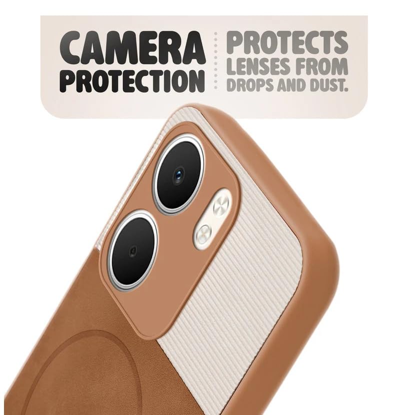 Image of Bintage CASE Mac Safe Design Hard Light Weight Back Case | Soft Border Camera Protect | Dual PU Leather Finish Back Cover Compatible for Oppo A5x 5G - White & Brown
