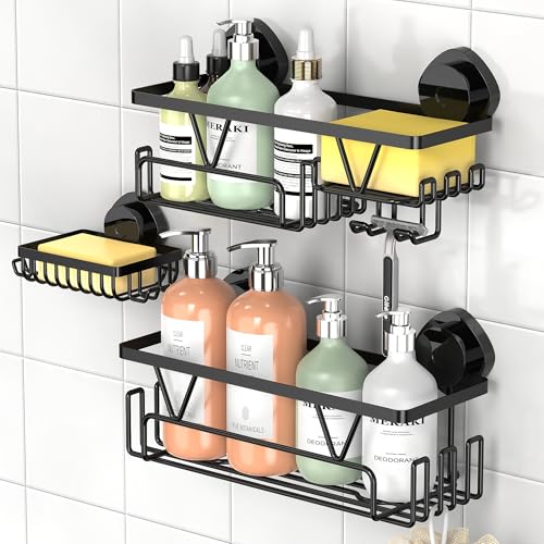 ZUNTO Estantería Baño Ventosas   3 Piezas Organizador Baño Ventosa Negro Estante Ducha sin Taladro Acero Inoxidable