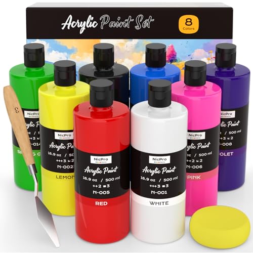 Image of Nicpro 8 Colors Large Bulk Acrylic Paint Set(16.9 oz), Rich Pigments