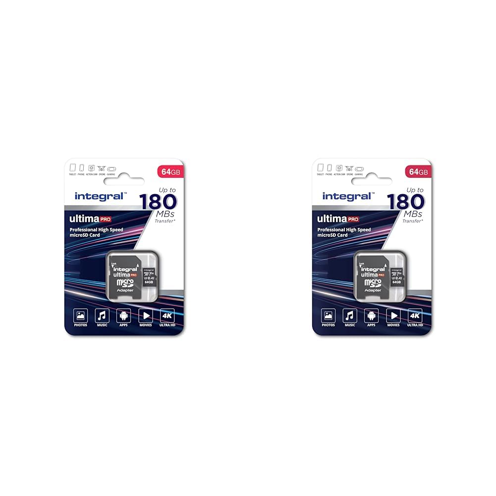 Integral 64GB Micro SD Card 4K Video Read Speed 180MB/s and Write Speed 45MB/s MicroSDXC A2 C10 U3 UHS-I 180-V30 Our Fastest Ever High Speed Micro SD Memory Card (Pack of 2)