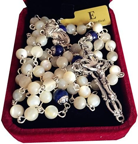 elegantmedical HANDMADE Mother of Pearl & Lapis lazuli Beads catholic 5 DECADE Rosary necklace Cross box - Image 2
