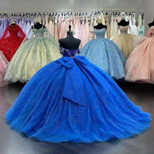 Off Shoulder Beaded Quinceanera Dresses Glitter Tulle Prom Dress Butterfly Appliques Sweet 16 Dresses with Bow3