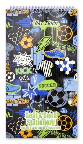 Image of iscream + Corey Paige Designs Fold and Send Boys Stationery - Born to Play | 40 Pack, Fun Print, Spiral Bound, Large 10.5 inch x 5.75 inch Cards, Coordinating Sticker Sheets, Fold and Send, Summer Camp Ready