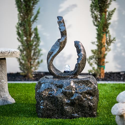 Image of XBrand 25 in H Stone-Look Sculptural Modern Freestanding Fiber Resin Outdoor Garden Fountain w /LED Light, Black