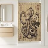 Octopus Duschvorhang, Vintage-Stil, hellbraun, Meerestier, Badezimmer-Dekor, nautischer Sommer, Unterwasser-Thema, Kunst, Stoff-Duschvorhang mit Haken, 91,4 x 183,9 cm