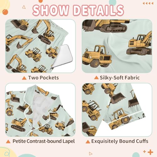 Excavator Tractor Bulldozer Print Summer Pajamas Set Soft Satin Pjs Sets 2 Piece Short Sleeve Sleepwear Casual Clothes3
