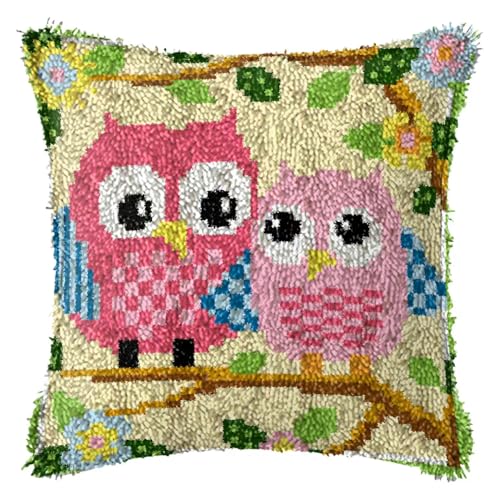 Howie's Needlepoint Latch Hook Kit, DIY Owl Pillow Cover Crochet Yarn Kits for Adult, Color Preprinted Pattern Embroidery Sofa Cushion Cover (Pink Owl, 16.93 x 16.93 inch)