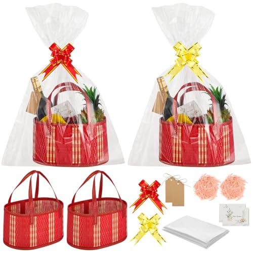 Panier cadeau bois rouge de 30 cm : lot de 4 kits complets avec nœuds et sacs pour vos fêtes