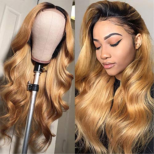 Honey Blonde Wig Human Hair Lace Front Wigs Ombre Black To Honey Blonde Two Tone Wig For Women Body Wave Wig With Closure 9A Grade High Density 1B/27 Wig Next Day Delivery 14 Inch