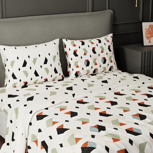Image of BLISSHOME SoftTouch 150TC Cotton King Size Printed Bedsheet with 2 Pillow Covers for Double Bed, Silky Smooth Bedding Set, Breathable, Easy Maintain, Geometric Pattern - Cream (228cm X 274cm)