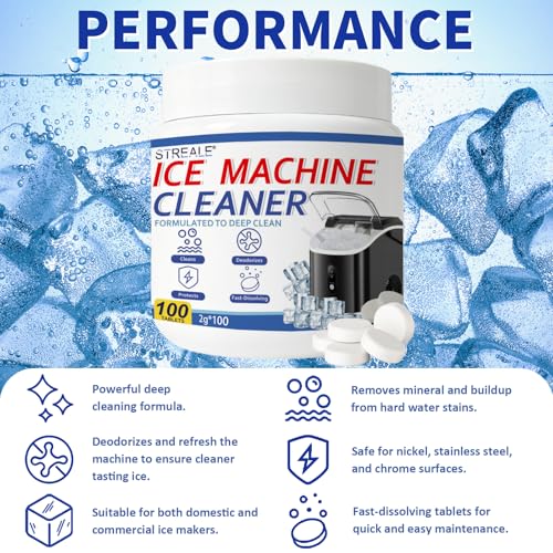 Image of Ice Machine Cleaner Maker and Descaler - 100 Ice Maker Cleaner Tablets Compatible with All Major Brands, Nickel Safe Descaler Countertop Portable Commercial Icemaker Cleaning Solution