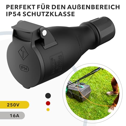 Schutzkontakt Steckdose Gummi Schuko Kupplung IP54 | Gummi Kunststoff Schwarz | Außenbereich Outdoor | automatische Federabdeckung Einhandbedienung | Gewerbe/Baustelle (1 Stück, IP 54 Kupplung)