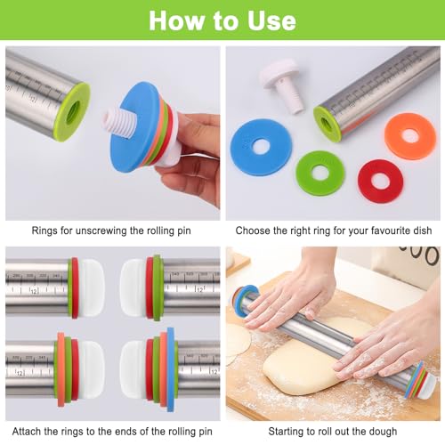 Bidful Adjustable Rolling Pin With Thickness Rings For Baking, Stainless Steel Designs Dough Roller Pins For Cookie Decorating Baking Supplies Fondant Cake Baker thumb #3