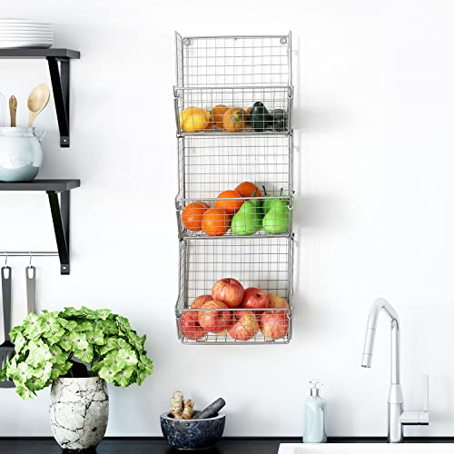 Mygift 3-Tier Gray Metal Wire Wall Mounted Kitchen Produce Fruits Bin Rack, Bathroom Towel Storage Baskets #TOP2
