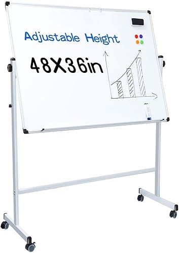 deli Pizarra blanca rodante de doble cara de 48 x 36 pulgadas, pizarra magnética reversible de borrado en seco sobre ruedas, pizarra blanca móvil