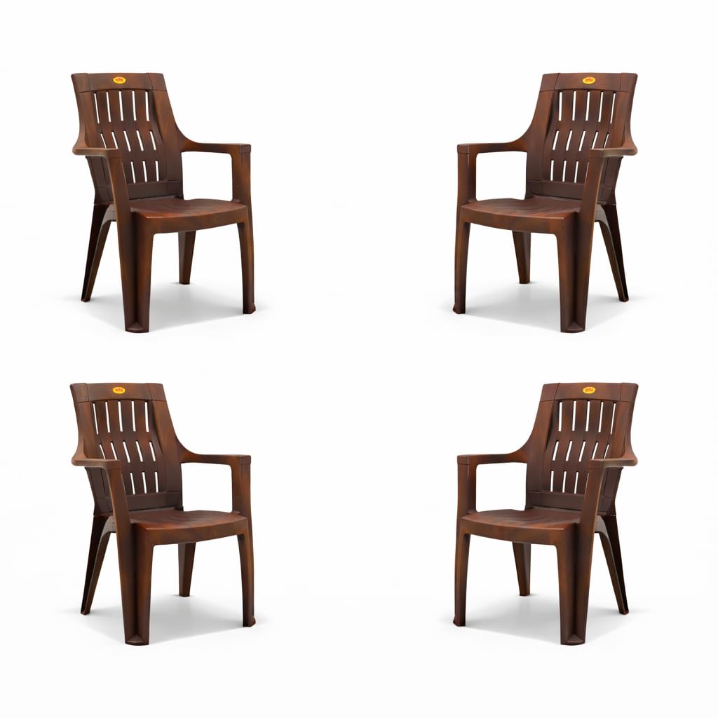 Relaxo Plastic Chair | Set of 4 | Ergonomic Design, Brown, Waterproof, Stackable, Indoor Outdoor Use, Strong Legs | Color - Walnut-image-30