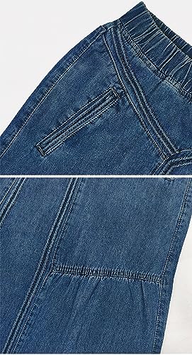 Ebossy Women's Casual Elastic Waist Frayed Hem A-Line Distressed Hippie Long Maxi Denim Skirt (X-Large, Dark Blue) #TOP2