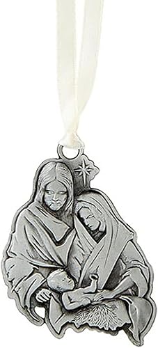 Miniatura 6 de Adorno colgante de Navidad grabado en forma de árbol de metal plateado con texto en inglés "O Come Let Us Adore Him Christ the Lord", 2.75 pulgadas