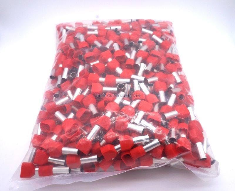 500pcs/pack TE10-14 2 X 8 AWG Red PVC Insulated Twin Ferrules for 2 X 10.0mm2 14.0mm of Copper Length