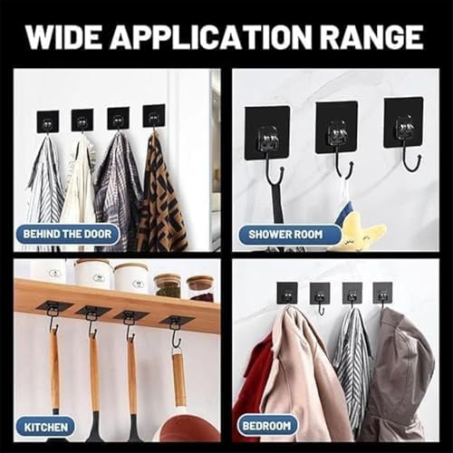 Image of Heavy Duty Adhesive Wall Hooks | 7 x 7 cm | Strong Waterproof No Drill Sticky Hook Hangers for Towel, Keys, Bags & Clothes | 10 Pcs Self Adhesive Wall Hooks - Black