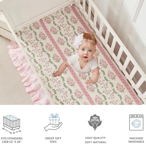 Image of Brandream Organic Crib Fitted Sheets for Baby Girls, Floral Stripes and Vines Grandmillennial Fitted Crib Sheet for Standard Crib /Toddler Mattress Super Soft 100% Cotton Cottagecore Pink Baby Sheet