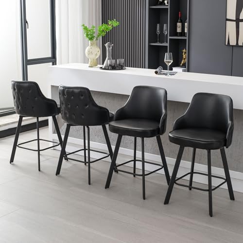 Image of Black Bar Stools Set of 4, 26 inch Faux Leather Counter Stools with High Back