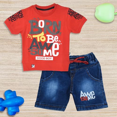 Image of Fancy Kids Pure Cotton T-Shirt And Denim Jeans Shorts Set For Boys