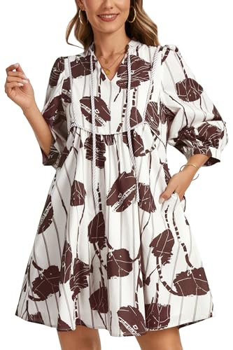 Image of EZAPINE Women Floral Babydoll Mini Dress V Neck 3 /4 Puff Sleeves A Line Flowy Swing Summer Sun Dresses