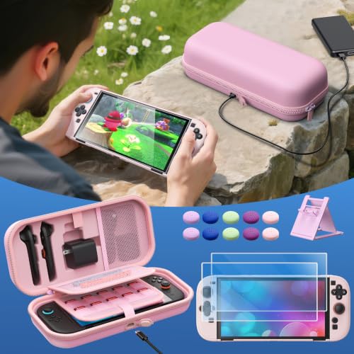 Image of [Charge inside] Carrying Case for Nintendo Switch 2 2025 / Switch OLED with Adapter and for Joy Cons Storage, Travel Case with Clear Protective Case for Switch 2 Console (Pink Set)