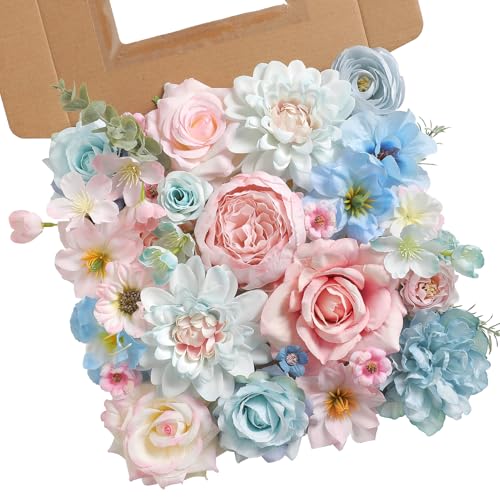 rongflower Artificial Flowers Combo Box Set Silk Flowers Fake Rose for DIY Floral Arrangements Wedding Bouquets Centerpieces Baby Shower Party Home Decorations (Blue Pink)