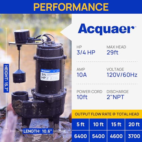 Image of Acquaer 3 /4HP Sewage Pump Submersible, 6400 GPH Cast Iron with Automatic Integrated Vertical Float Switch and Piggyback Plug, 2'' NPT Discharge Basements Pump for Wastewater, Sewer