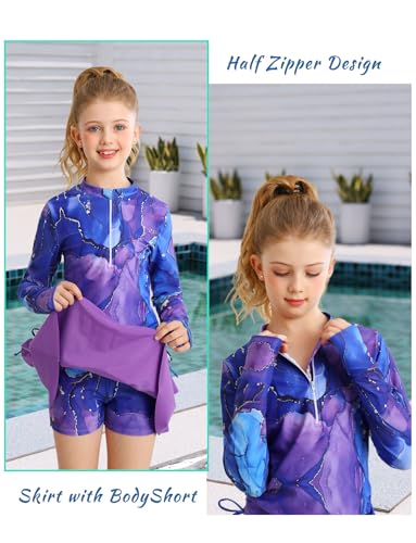 Image of Vogseek 3-12T Girls Rash Guard 2 Pieces Bathing Suit Long Sleeve Swimsuit Swimming Skirt with Shorts Swimwear