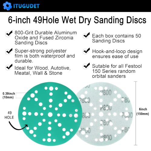 Image of 6 Inch 49 Hole Wet Dry P800 Grit Sanding Discs - 50 Pack Box | Fits Festool ETS / RO 150 Sanders, Zirconia Heavy-Duty Hook & Loop Film Sandpaper for Wood, Auto, Metal, Paint, Body & More