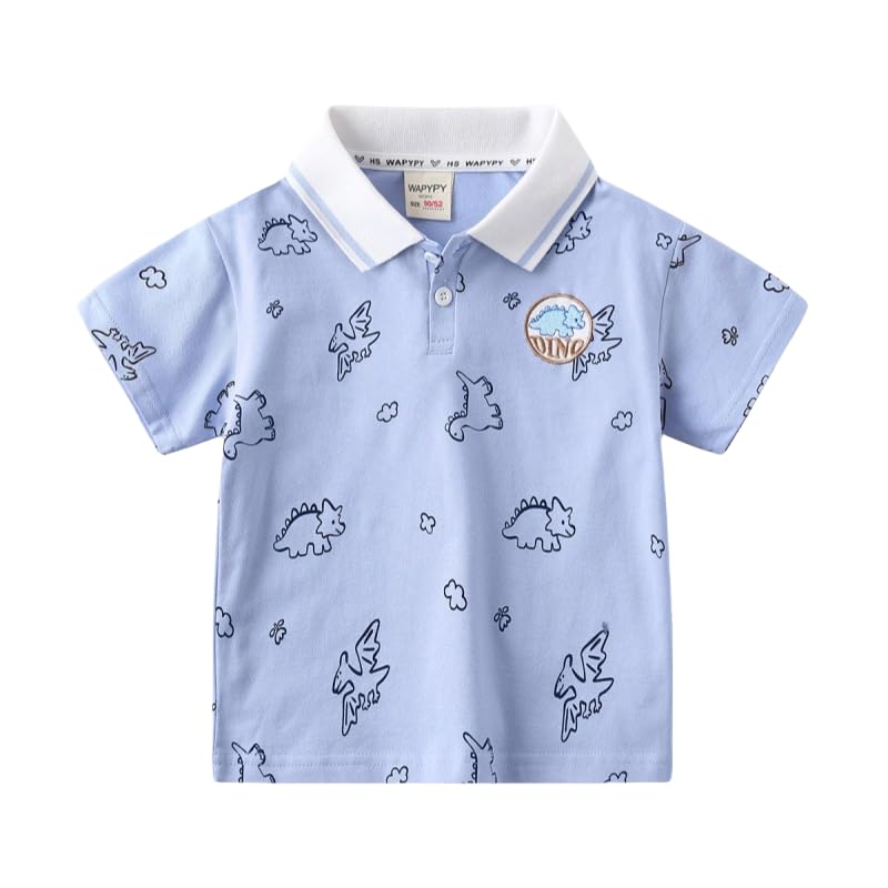 Toddler Baby Boys Short Sleeve Polo Collar T-Shirt Cute Cartoon Dinosaur Prints Shirt Tops (Blue,18 Months)