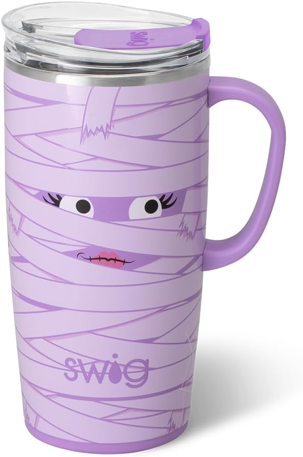 Swig Life 22oz Travel Mug, Halloween Insulated Tumbler with Handle and Lid, Travel Coffee Mug, Cup Holder Friendly, Stainless Steel 22 oz Tumbler, Reusable Insulated with Lid (Boo Crew Mummy)