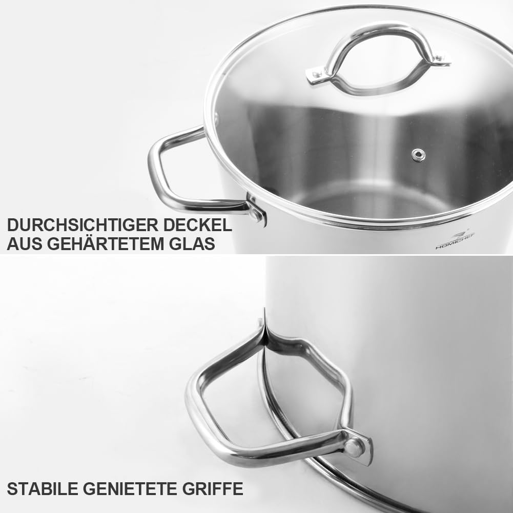 HOMICHEF Suppentopf 24,5 cm 7,6 Liter mit Deckel Nickelfreier Edelstahl - Hochglanzpolierter Suppentopf 7,6 L mit Deckel - Gesundes Kochgeschirr Topf 7,6 Liter