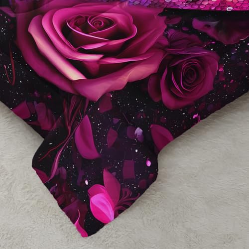 Image of AILONEN Soft Twin Comforter Set, 3-Piece Pink Rose Dragonfly Print Bedding Set,Purple Glitter Heart Flower Comforter with 2 Pillowcases