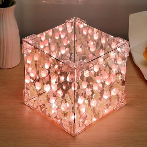 TNSLAND Lampe Fleur de Tulipe Miroir DIY Veilleuse LED Esthétique Sac Cadeau pour Mamans, Femmes, Petites Amies, Filles (Rose)