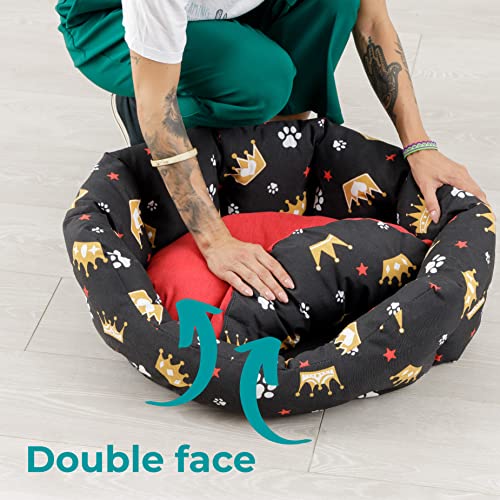 Baroni Home Hundebett aus Stoff, Größe L, weiches rundes Hundematte für Hunde und Katzen, bequem, für Schlafzimmer Wohnzimmer Flur, waschbar (50x65 cm, Rot, Scwharz mit Kronen)