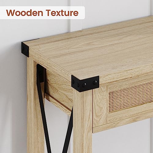 IDEALHOUSE Entryway Table, Console Table with Rattan Drawers, 43" Sofa Table with Storage, Console Tables for Entryway, Living Room, Hallway, Foyer-Burlywood