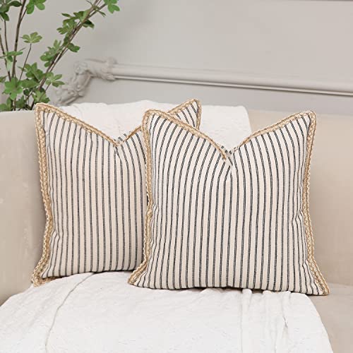 Hckot Farmhouse Decorative Throw Pillow Covers 20X20 Inch, Pack Of 2 Black And Beige Striped Linen Trimmed Edge Pillow Cases For Couch Sofa Chair Bedroom Modern Decor,Black #TOP1