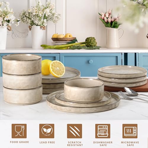 LIANYU 18 Piece Dinnerware Dish Set for 6, Stoneware Plates and Bowls, Ceramic Dinner Tableware Sets Includes Dinner Salad Plates, Cereal Bowls, Chip & Scratch Resistant, Sandy Beige - Image 3