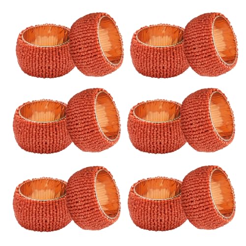 COTTON CRAFT Glitz Beaded Napkin Rings - Set of 12 – Handmade Coral Napkin Ring Holders for Dining Table Décor – Elegant Beaded Napkin Rings for Weddings, Parties, Brunch, Summer Table Settings