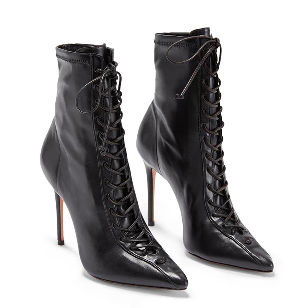 Lace Up High Heels Ankle Boots for Women Fashion Plus Size Stiletto Heels Pointed Toe Short Booties Elegant