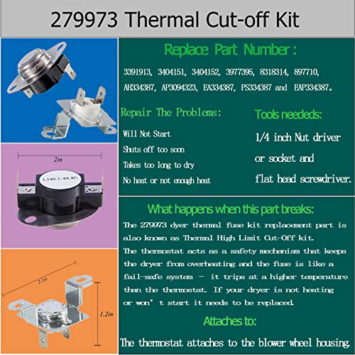 279973 & 3392519 & 8577274 Dryer Thermal Cut-Off Fuse Kit With Thermistor Control And Thermal Fuse Replacement Part-Compatible With Kenmore, Samsung, Whirlpool, Kitchenaid Electric Dryers And More. #TOP2
