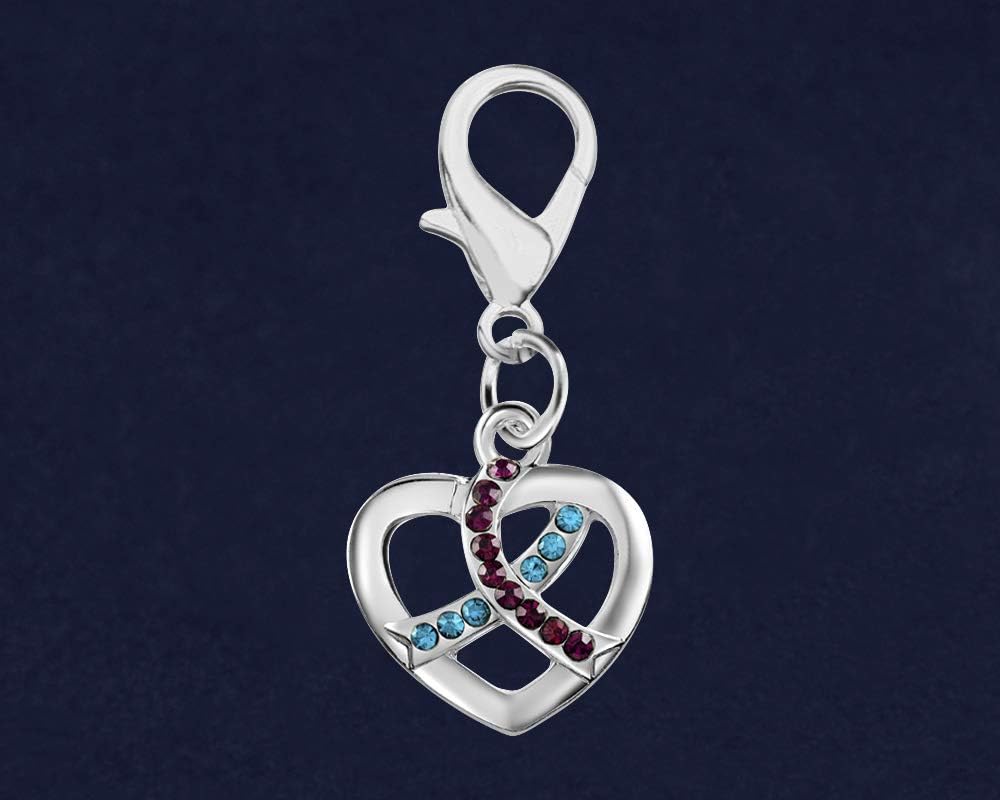 Silver Heart Crystal Teal & Purple Ribbon Hanging Charms for Suicide and Sexual Assault Awareness - Perfect for Bracelets, Purses, Zipper Pull, Dog & Cat’s Collar, Support Groups, Fundraisers and More!