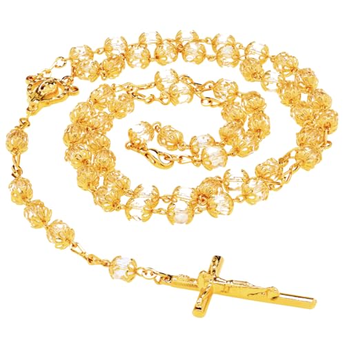 LIFETIME JEWELRY Gold Rosary Crucifix Necklace with Crystal Prayer Beads 24K Real Gold Plated